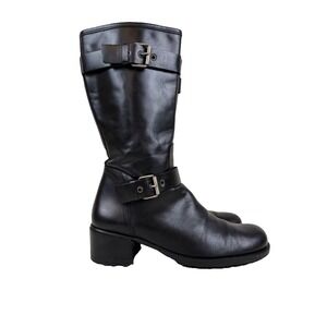 Enzo Angiolini Black Leather Mid Calf Buckle Boots Women's 9 Riding Moto